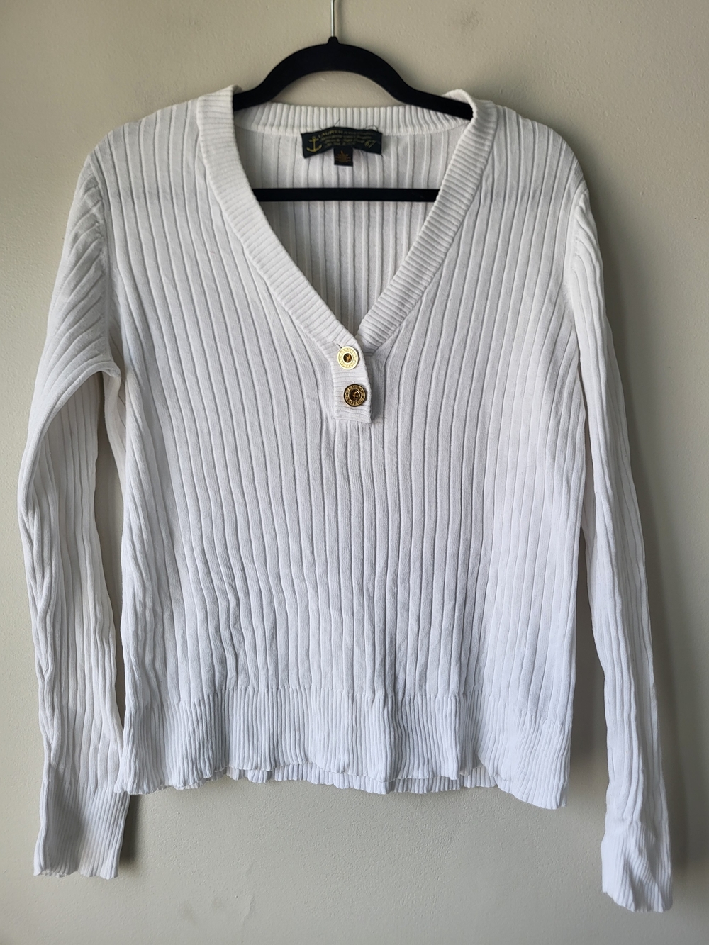 Women's White Ribbed V-Neck Layering Classic Sweater with Button Detail